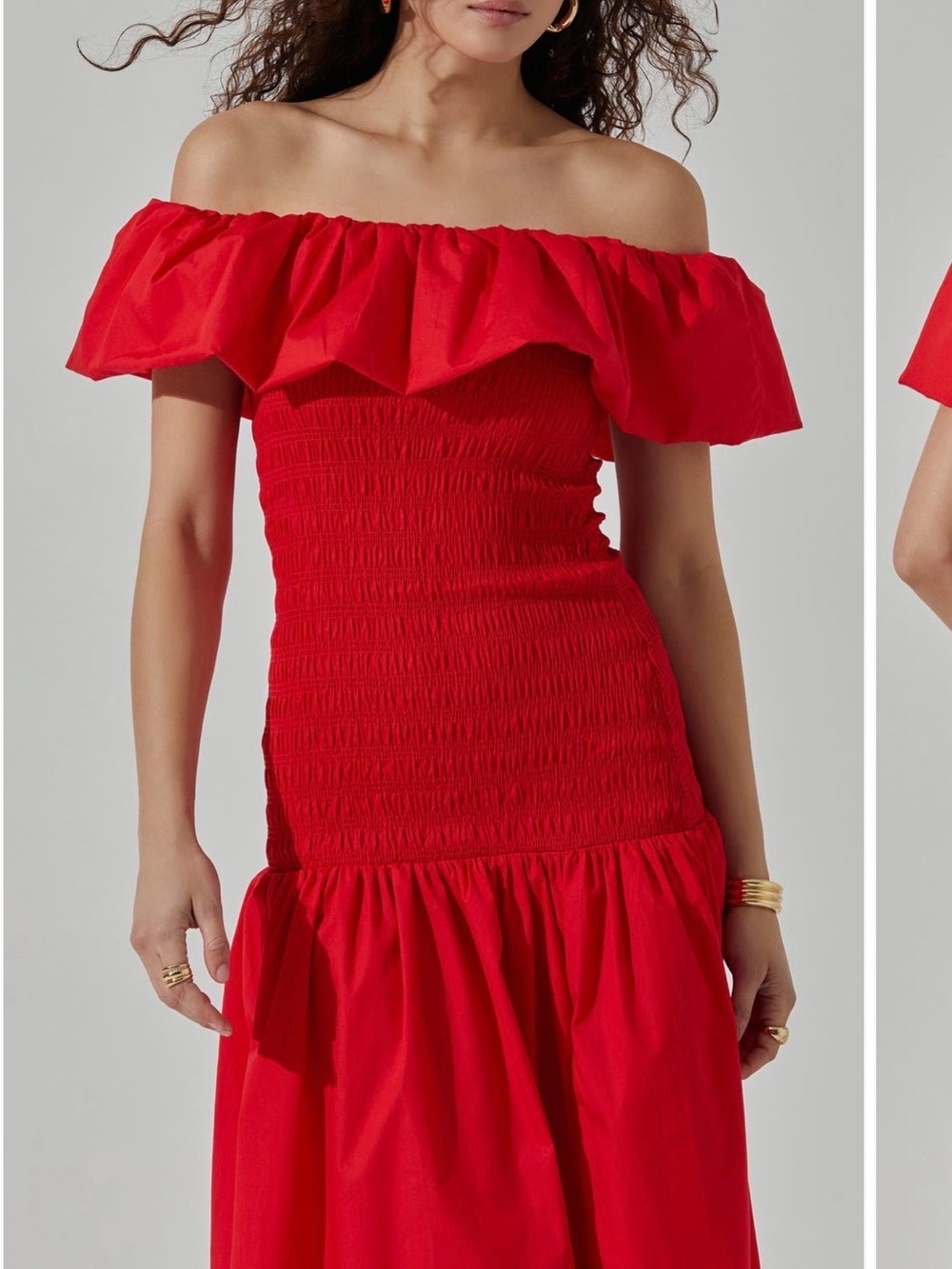 Astr One-Shoulder Red Smocked Midi Dress
